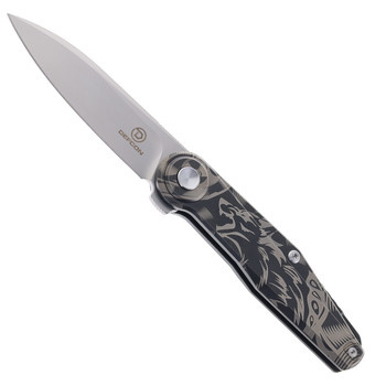 Defcon Button Lock Folding Knife Designer Tribal Wolf Titanium Handle M390 Drop Point Plain Edge Satin Silver Finish TF9617-3