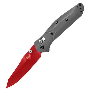 Benchmade Mini Osborne Folding Knife Gray G10 Handle S90V Reverse Tanto Plain Red Blade 945RD-2401