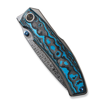 WE Swordfin Folding Knife Black/Blue Arctic Storm Fat Carbon Fiber Handle Damasteel Tanto Plain Edge WE23067-DS1