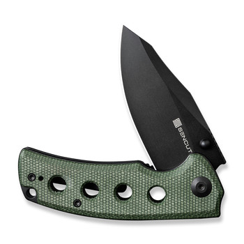 Sencut Excalis Folding Knife Green Micarta Handle 9Cr18MoV Reverse Tanto Plain Edge Black Finish S23068-3