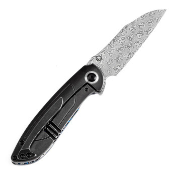 Kansept Prometheus Folding Knife Blue Whire Nebula Carbon Fiber Handle Damascus Sheepsfoot Plain Edge K1040A3