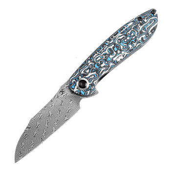Kansept Prometheus Folding Knife Blue Whire Nebula Carbon Fiber Handle Damascus Sheepsfoot Plain Edge K1040A3