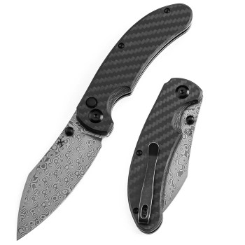 Kansept Nesstreet Button Lock Folding Knife Twill Carbon Fiber Handle Damascus Drop Point Plain Edge K1039F6