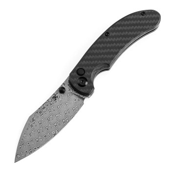 Kansept Nesstreet Button Lock Folding Knife Twill Carbon Fiber Handle Damascus Drop Point Plain Edge K1039F6