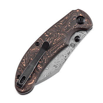 Kansept Nesstreet Button Lock Folding Knife Copper Carbon Fiber Handle Damascus Drop Point Plain Edge K1039F7