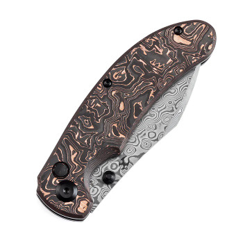 Kansept Nesstreet Button Lock Folding Knife Copper Carbon Fiber Handle Damascus Drop Point Plain Edge K1039F7