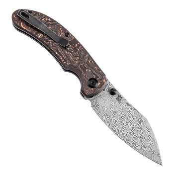 Kansept Nesstreet Button Lock Folding Knife Copper Carbon Fiber Handle Damascus Drop Point Plain Edge K1039F7
