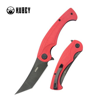 Kubey Scimitar Folding Knife Red G10 Handle 14C28N Tanto Plain Edge Blackwash Finish KU175E