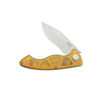 Kubey Timberwolf Folding Knife Yellow Ultem Handle 14C28N Kurki Plain Edge Stonewash Finish KU208E