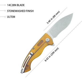 Kubey Timberwolf Folding Knife Yellow Ultem Handle 14C28N Kurki Plain Edge Stonewash Finish KU208E