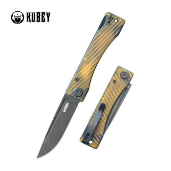 Kubey Akino Folding Knife Black/Yellow Ultem Handle 14C28N Plain Edge Blackwash Finish KU2102H