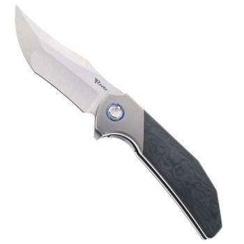 (Broken Tip) Open Box/Returned Reate Knives Tiger Folding Knife Black Camo Fat Carbon Fiber Handle M390 Plain Edge Belt Satin Finish (Broken Tip) Open Box/Returned Reate Knives Tiger Folding Knife Black Camo Fat Carbon Fiber Handle M390 Plain Edge Belt Satin Finish
