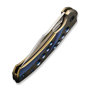 WE Swiftfin Folding Knife Golden/Blue Titanium Handle 20CV Modified Clip Point Plain Edge Hand Rubbed Satin Finish WE23051-4