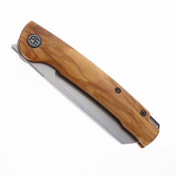 Petrified Fish Scholar Pocket Knife Stonewashed 154CM Blade Olive Wood Handle PF-E04-WOW