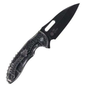 Mechforce Rick Lala Sentry Pocket Knife Polished Black PVD Scroll Pattern Titanium Handle Black PVD M390 Blade Mechforce Rick Lala Sentry Pocket Knife Polished Black PVD Scroll Pattern Titanium Handle Black PVD M390 Blade