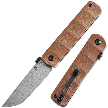 Discontinued Kansept BTF Folding Knife Brown Micarta Handle Damascus Plain Edge K1064A4