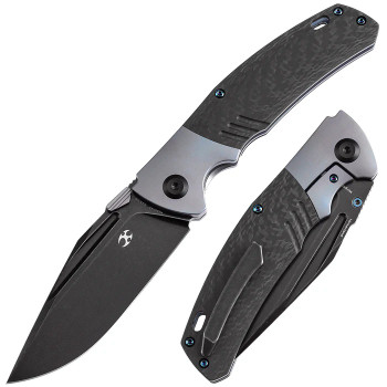 Kansept Hinterland Folding Knife Blue Titanium/Twill Carbon Fiber Handle S35VN Plain Edge Blackwash Finish K1057A1