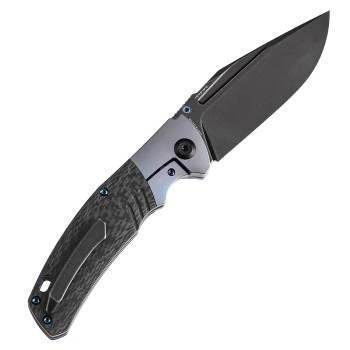 Kansept Hinterland Folding Knife Blue Titanium/Twill Carbon Fiber Handle S35VN Plain Edge Blackwash Finish K1057A1