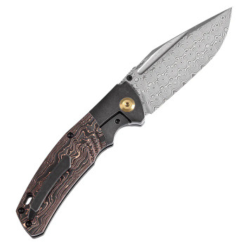 Kansept Hinterland Folding Knife Blackwash Titanium/Copper Carbon Fiber Handle Damascus Plain Edge K1057A3