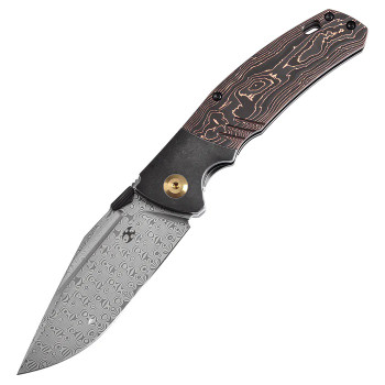 Kansept Hinterland Folding Knife Blackwash Titanium/Copper Carbon Fiber Handle Damascus Plain Edge K1057A3