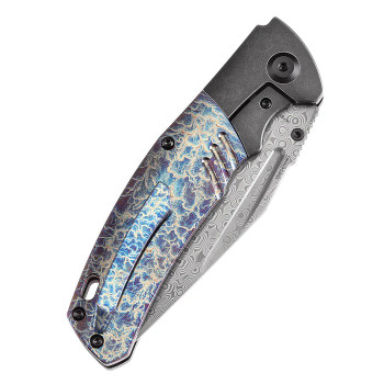 Kansept Hinterland Folding Knife Blackwash/Lightning Strike Titanium Handle Damascus Plain Edge K1057A6