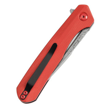 Discontinued Kansept Qilin Folding Knife Red G10 Handle Damascus Plain Edge K1047A1