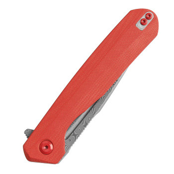 Discontinued Kansept Qilin Folding Knife Red G10 Handle Damascus Plain Edge K1047A1