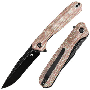 Discontinued Kansept Qilin Folding Knife Brown Micarta Handle 154CM Plain Edge Blackwash Finish T1047A3