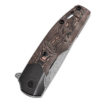 Kansept Cassowary Folding Knife Black Stonewash Titanium/Copper Carbon Fiber Handle Damascus Plain Edge K2065B5