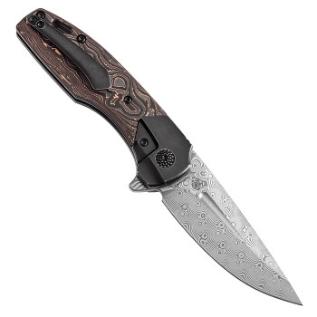 Kansept Cassowary Folding Knife Black Stonewash Titanium/Copper Carbon Fiber Handle Damascus Plain Edge K2065B5