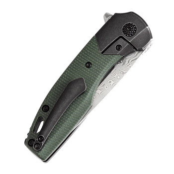 Kansept Cassowary Folding Knife Black Stonewash Titanium/Green Micarta Handle Damascus Plain Edge K2065B6