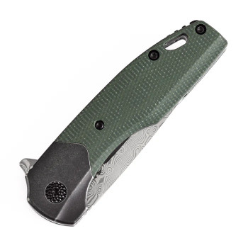 Kansept Cassowary Folding Knife Black Stonewash Titanium/Green Micarta Handle Damascus Plain Edge K2065B6