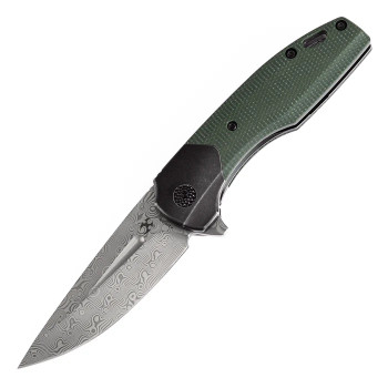 Kansept Cassowary Folding Knife Black Stonewash Titanium/Green Micarta Handle Damascus Plain Edge K2065B6