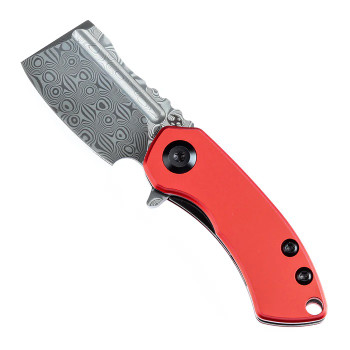 Kansept Mini Korvid Folding Knife Red Aluminum Handle Damascus Plain Edge T3030P2