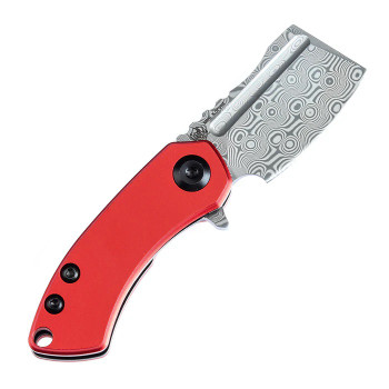 Kansept Mini Korvid Folding Knife Red Aluminum Handle Damascus Plain Edge T3030P2