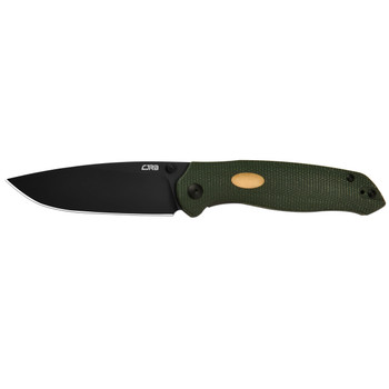 CJRB AES Folding Knife Green Micarta/Brass Handle AR-RPM9 Drop Point Plain Black Blade J1938-BMGN