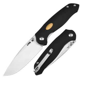 CJRB AES Folding Knife Black G10/Brass Handle AR-RPM9 Drop Point Plain Edge Sand Polish Finish J1938-BK