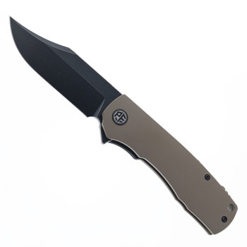 Petrified Fish PFP03 Victor Folding Knife Tan Aluminum Handle 154CM Clip Point Plain Black Blade PFP03GRADW Petrified Fish PFP03 Victor Folding Knife Tan Aluminum Handle 154CM Clip Point Plain Black Blade PFP03GRADW