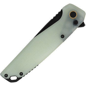 Ruike Button Lock Folding Knife Jade G10 Handle 14C28N Drop Point Plain Edge Black Stonewash Finish P873C