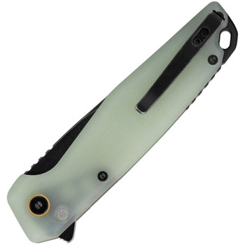 Ruike Button Lock Folding Knife Jade G10 Handle 14C28N Drop Point Plain Edge Black Stonewash Finish P873C