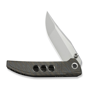 WE Ezinta Folding Knife Tiger Stripe Flamed Titanium Handle M390 Plain Edge Polished Bead Blast Finish WE22041-4