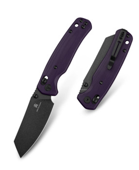 Purple handled pocket knife with black blade and compact folding design