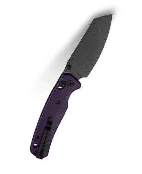 Folding utility blade with purple handle and sleek dark blade finish