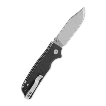 QSP Kali Button Lock Folding Knife Black Aluminum Handle 14C28N Clip Point Plain Edge Stonewash Finish QS159-F1
