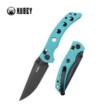 Kubey Hound Crossbar Lock Folding Knife Tiffany Blue G10 Handle 14C28N Clip Point Plain Edge Blackwash Finish KU172D