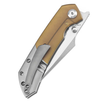 Kansept Fenrir Flipper Folding Knife Titanium/Amber PEI Ultem Handle S35VN Drop Point Plain Edge Satin Finish K1034P1