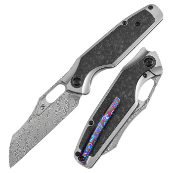Kansept Tuckamore Folding Knife Titanium & Shred Carbon FiberHandle Damascus Plain Edge K1052A5