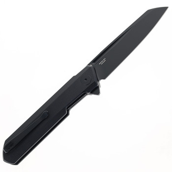 Black handled pocket knife with dark blade and compact folding profile