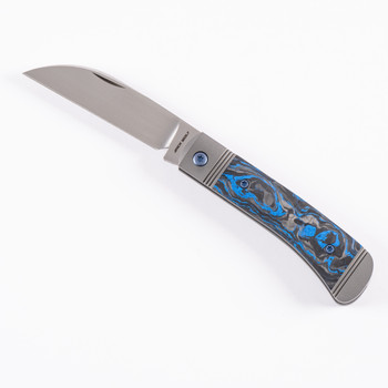 Jack Wolf  Venom Jack Trapper Folding Knife Blue Marble Carbon Fiber Handle S90V Plain Edge Hand Satin Finish VENOM-02-MRBCF-BLU