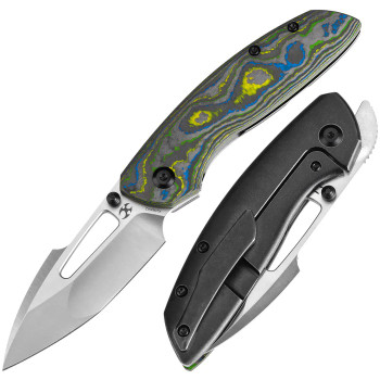 Kansept Link Folding Knife Gecko Camo Carbon/Titanium Handle 20CV Plain Edge Stonewash Finish K1068A2